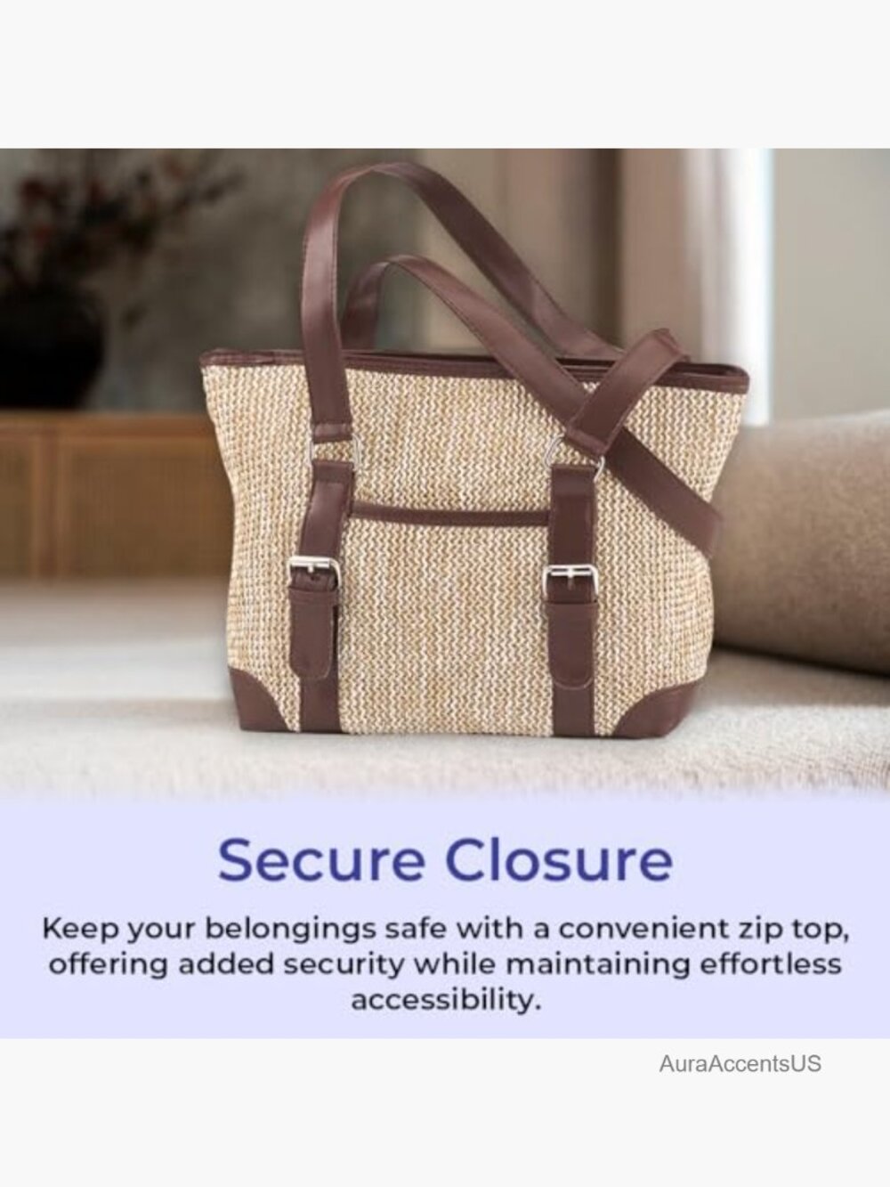 Straw Woven Shoulder Bag with Multiple Pockets Top Zip Closure - Picture 5 of 7